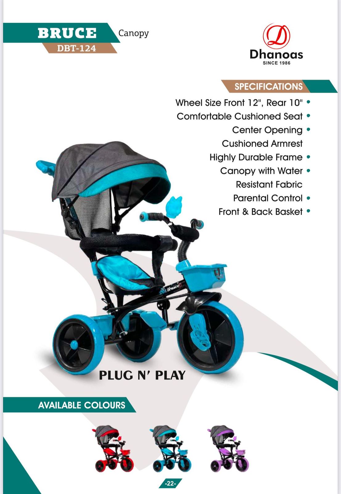 premium kids tricycle Ahmedabad Gujarat online India . Blue canopy tricycle with padded seat parental handle and front basket