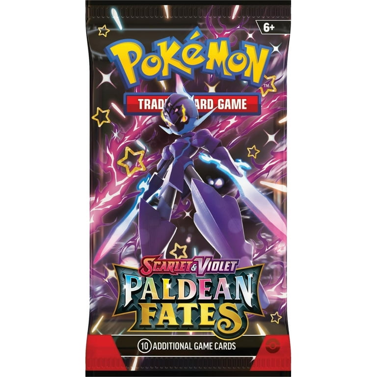 Pokemon Scarlet and Violet Paldean Fates rare Pokemon holo card pack featuring a purple character