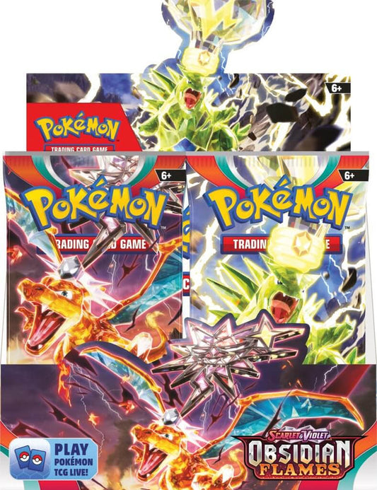 Pokemon TCG Obsidian Flames Booster Box featuring Charizard and Electric Pokémon artwork