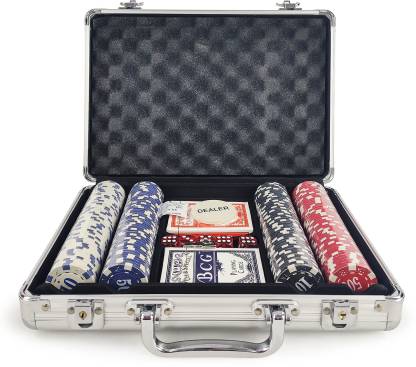 Poker set with aluminum case casino grade Ahmedabad featuring chips, cards, and dice in a silver carry case
