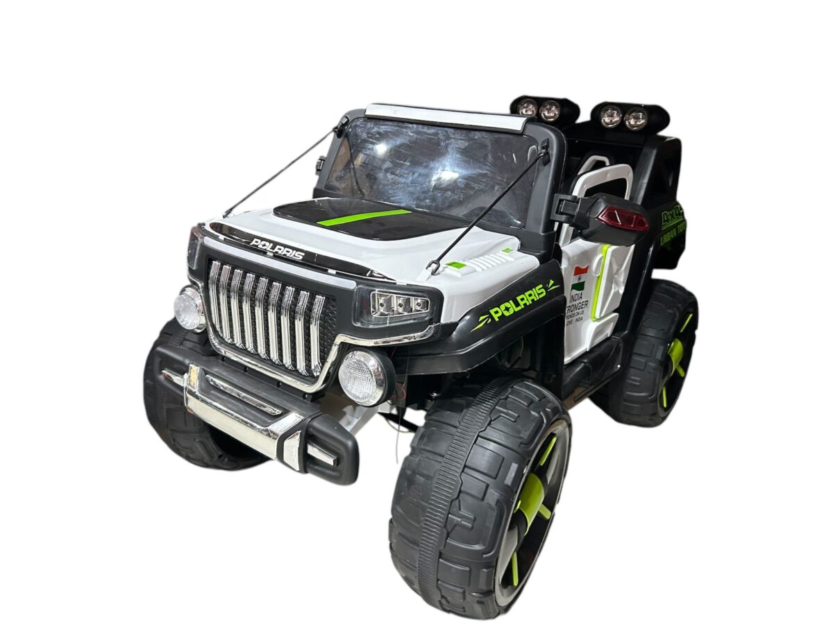 Black and white Polaris kids electric car with high weight limit make in Ahmedabad ride on toy by samstoy.in