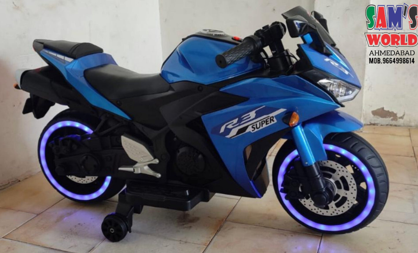 Battery operated motorcycle for children R3 Bike kids near me Gujarat blue toy motorcycle with LED light wheels by FUN N FUNKY