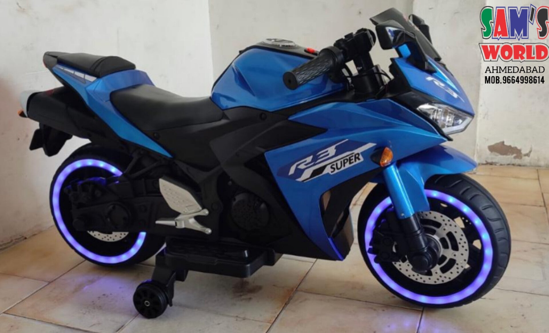 Battery operated motorcycle for children R3 Bike kids near me Gujarat blue toy motorcycle with LED light wheels by FUN N FUNKY
