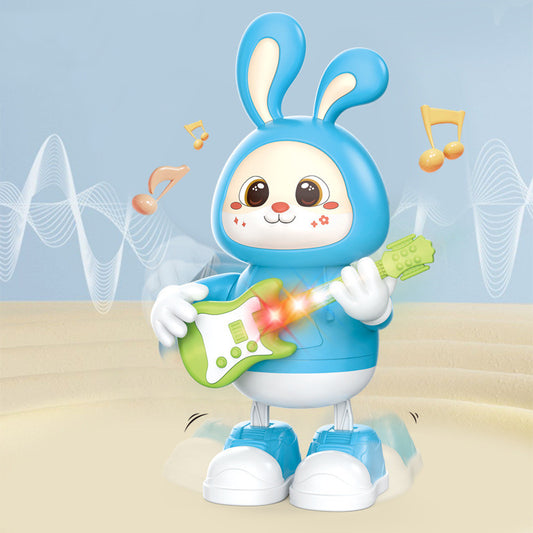 Blue rabbit toy playing guitar with musical notes, front view, for interactive play and music enjoyment
