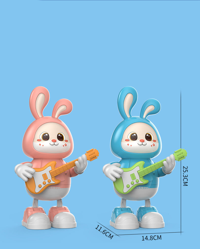 Two cute rabbit toys in pink and blue playing guitars, ideal for children's entertainment and imaginative play