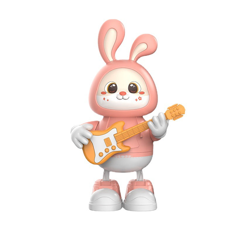 Pink rabbit toy holding a guitar, front view, perfect for imaginative play and music enjoyment