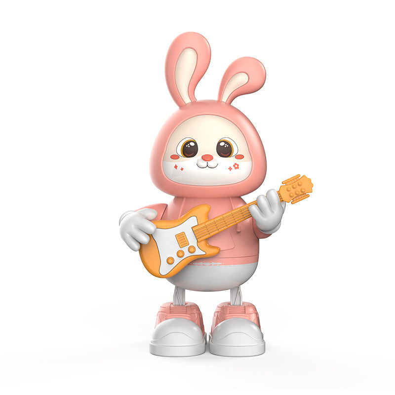 Pink rabbit toy character holding an orange guitar, front view, designed for playful learning and fun