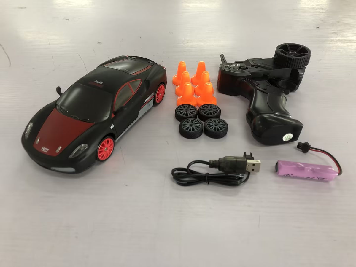 Black and red remote control car with remote, side view, for kids who love racing games