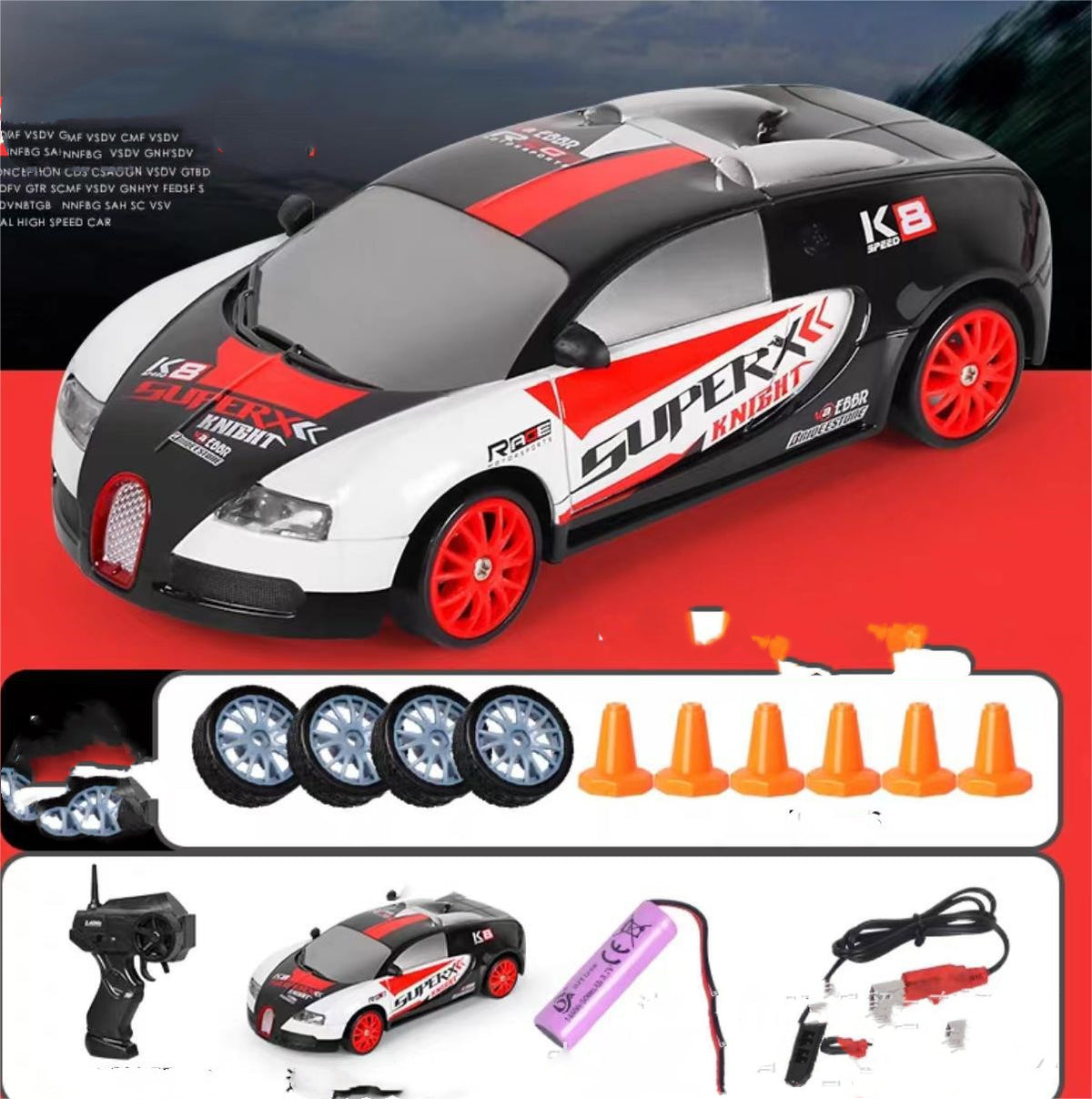 Black and red remote control car with remote, side view, designed for hours of outdoor fun
