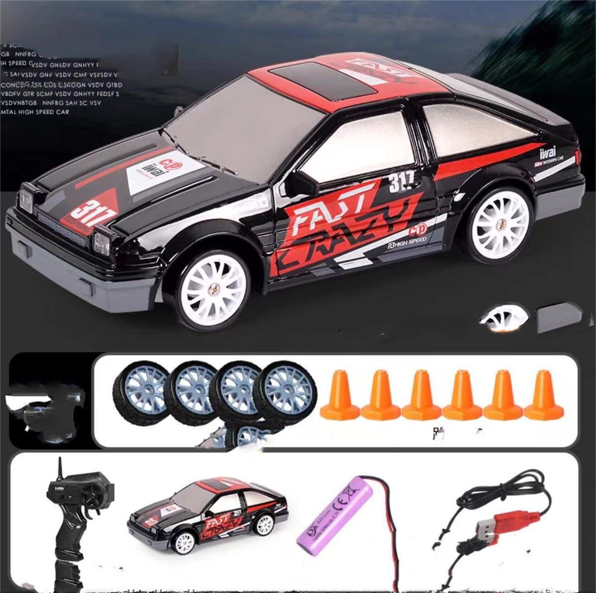 Black remote control car with remote, high-speed design, perfect for racing enthusiasts
