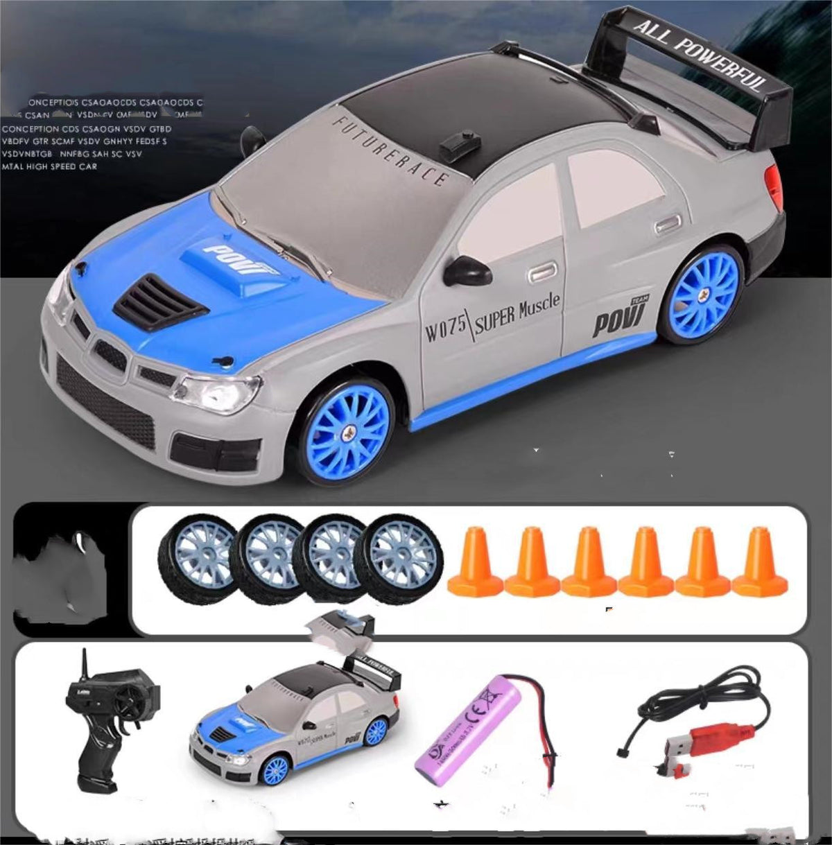 Gray and blue remote control car with remote, top view, ideal for racing fun and outdoor play
