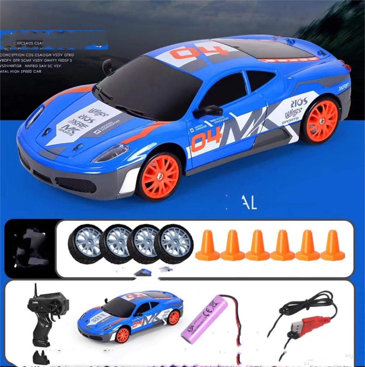 Blue remote control car with remote, side view, for racing fun and outdoor play