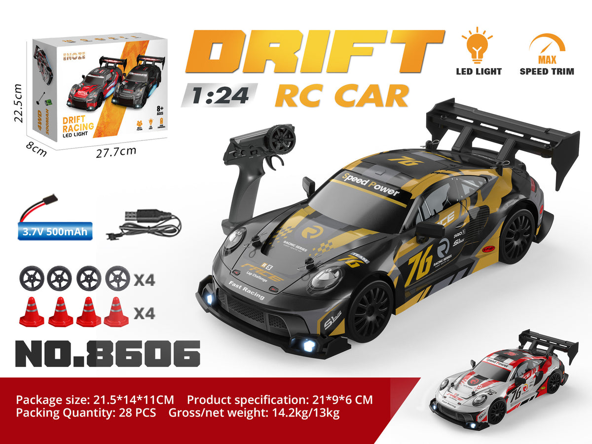 Remote control car with remote BMW M4 in stylish black and yellow, top view, perfect for racing enthusiasts