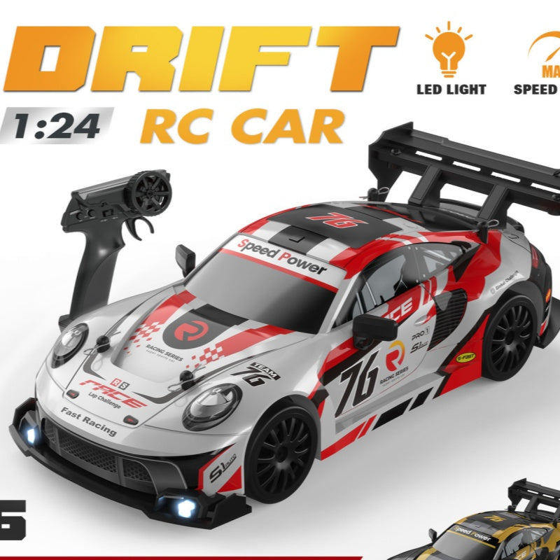 Red and white remote control car with remote BMW M4, front view, perfect for racing fun