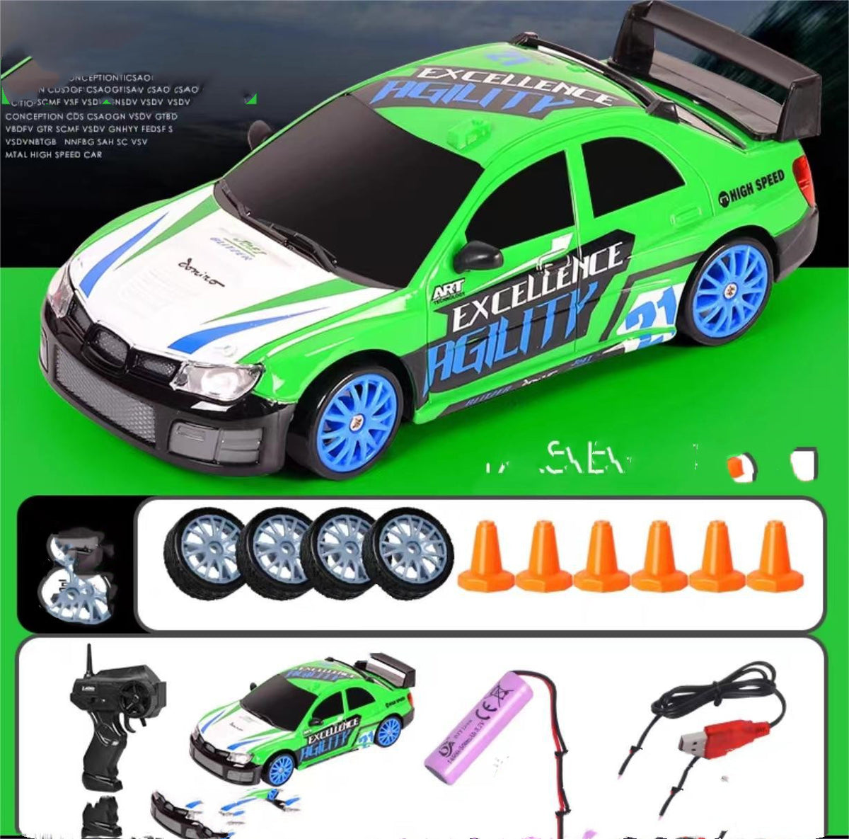 Green and blue remote control car with remote, front view, ideal for high-speed racing fun