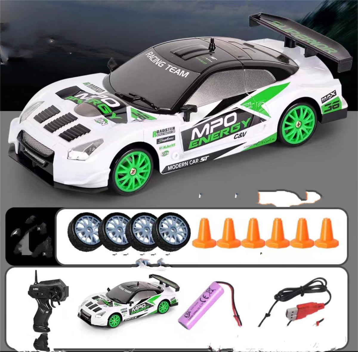 Black and green remote control car with remote, top view, ideal for racing enthusiasts and kids