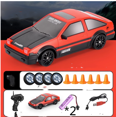 Red remote control car with remote, front view, designed for racing enthusiasts and outdoor fun