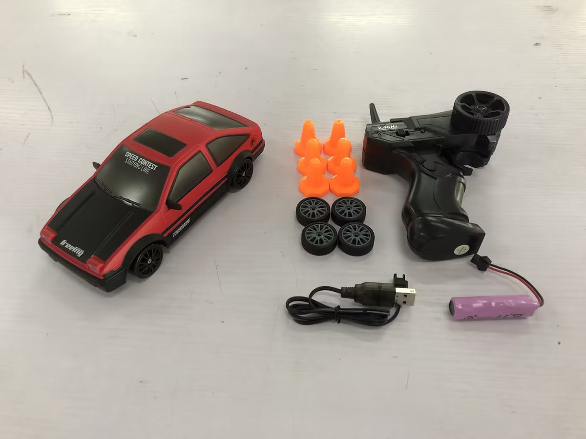 Red remote control car with remote, top view, perfect for racing and outdoor play