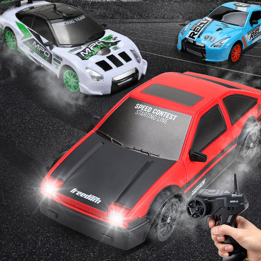 Red remote control car with remote, front view, designed for racing and high-speed fun