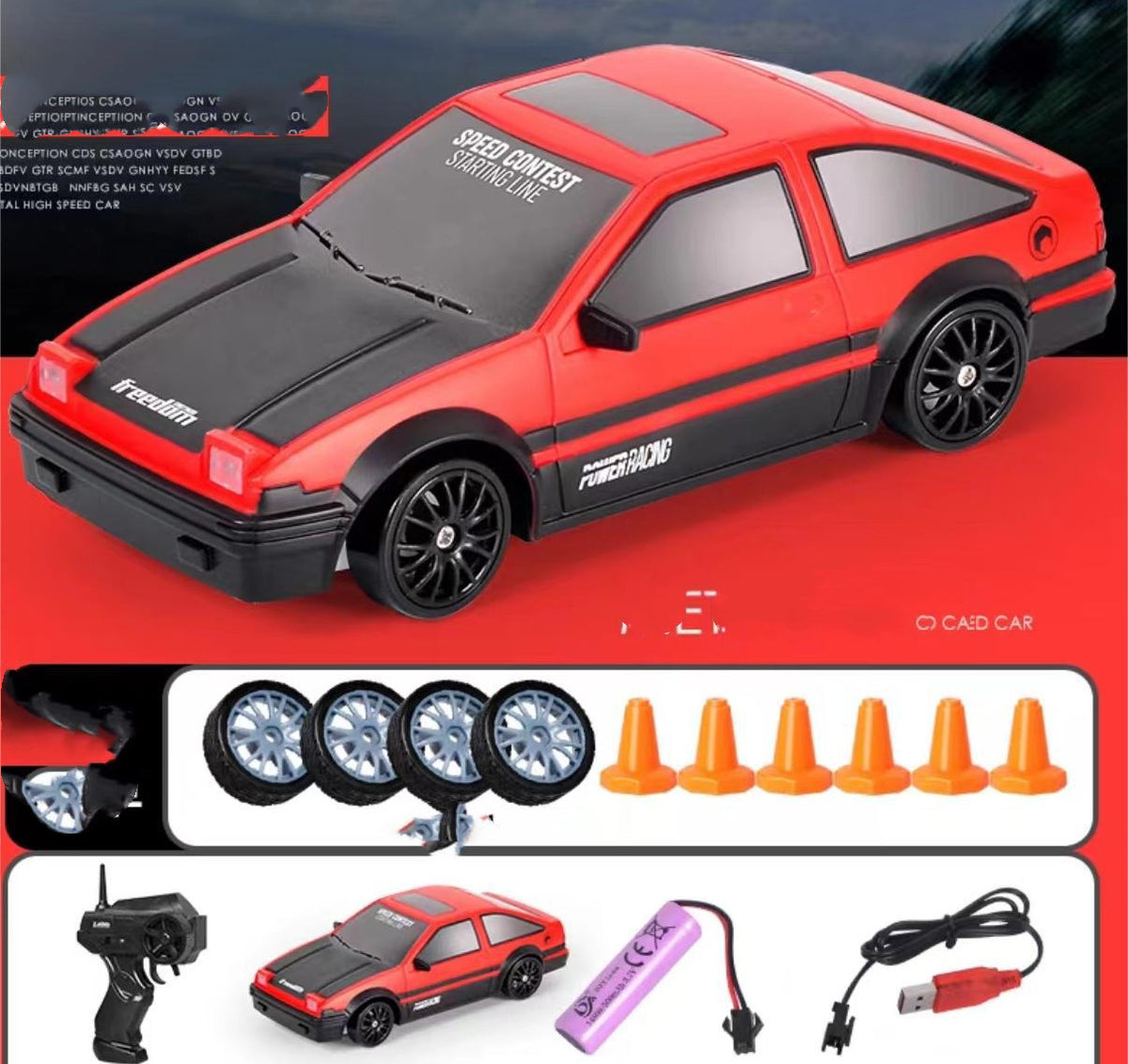 Red remote control car with remote, front view, perfect for racing and fun outdoor play