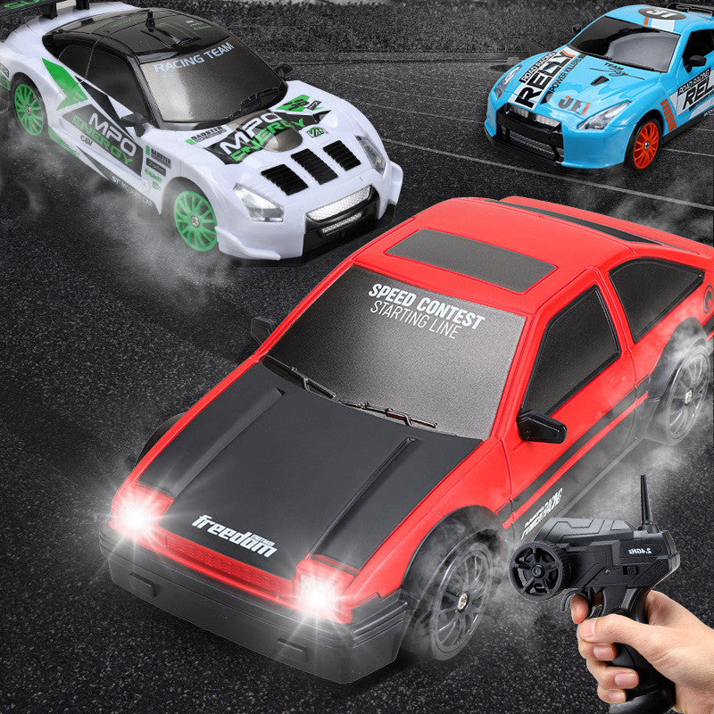 Red remote control car with remote, front view, designed for racing enthusiasts and speed contests