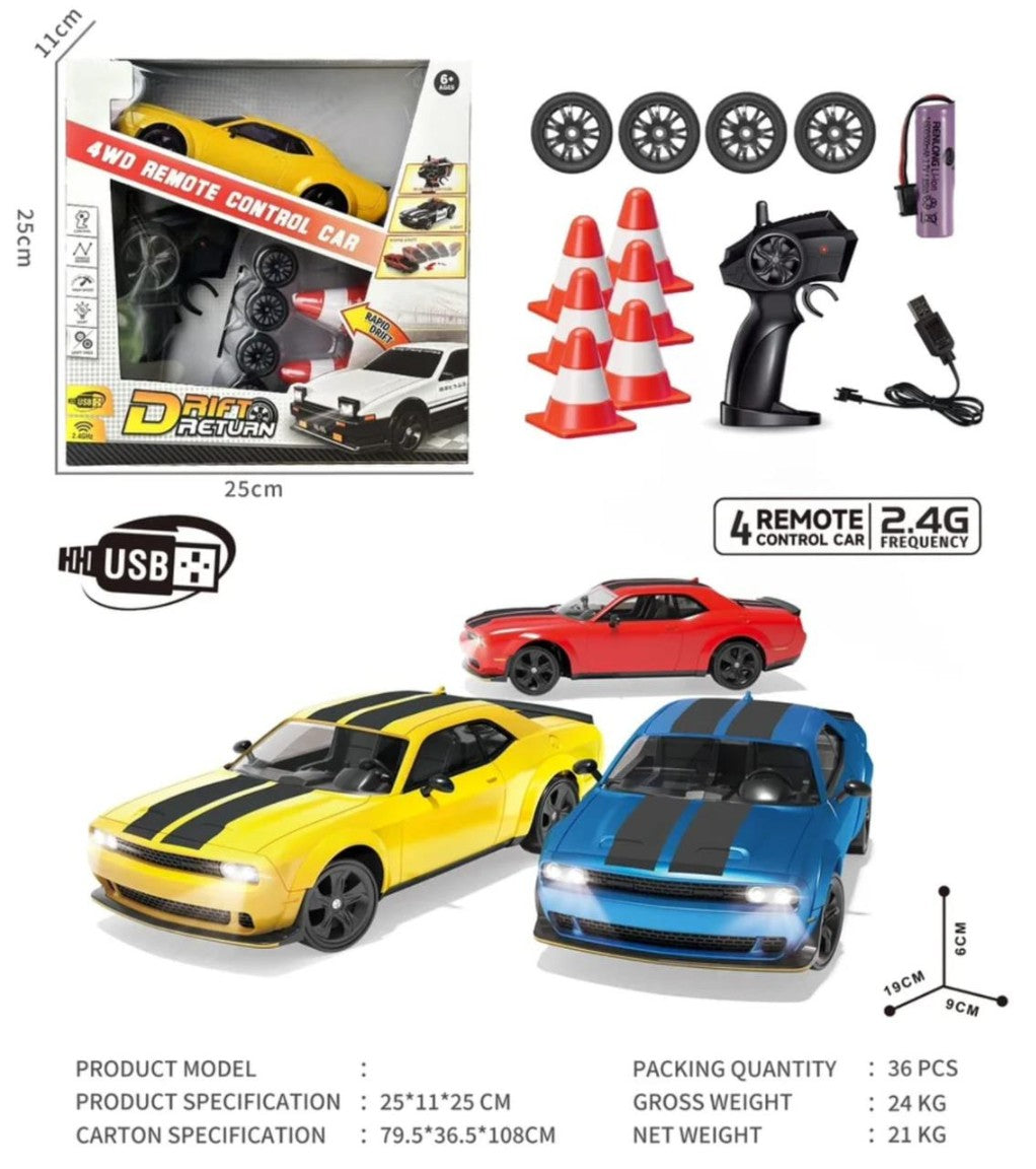 Sam's Toy World remote control drift car with remote, featuring yellow and blue cars, suitable for ages 6 and up
