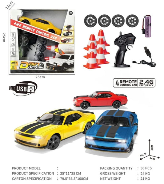Sam's Toy World remote control drift car with remote, featuring yellow and blue cars, suitable for ages 6 and up