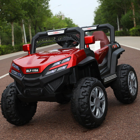 Red remote control off-road car for children with special offer price on an outdoor paved road