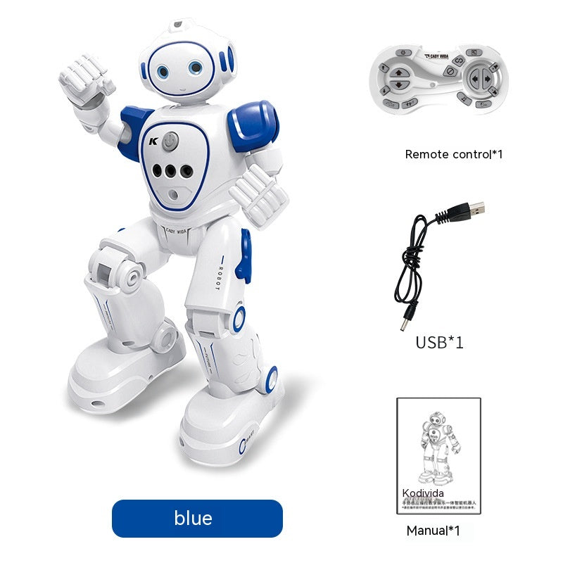 Blue remote control RC robot with control panel, USB charger, and instruction manual for interactive play