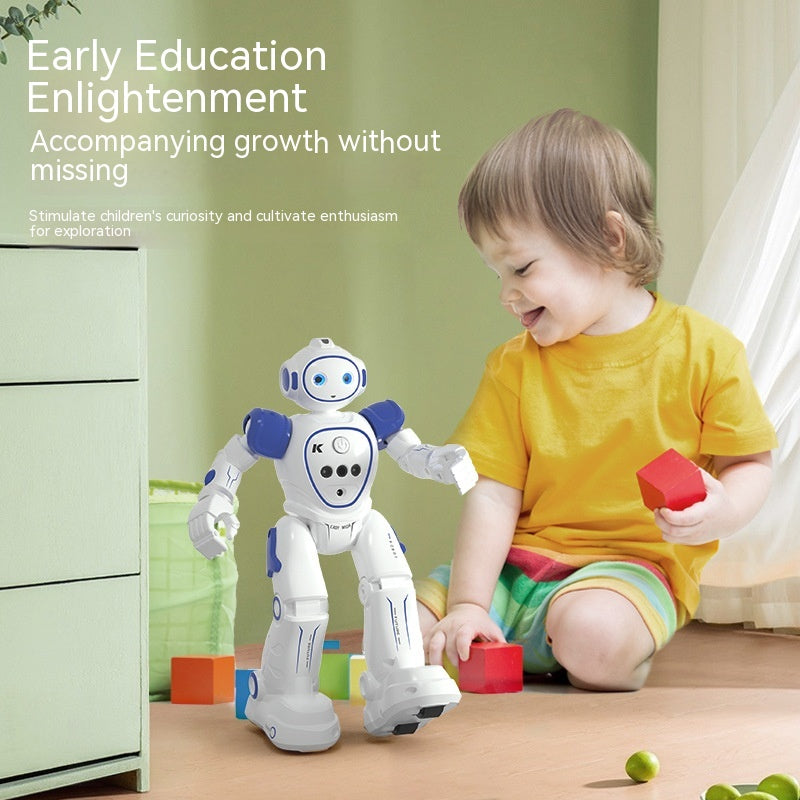 White and blue remote control rc robot interacting with a child and colorful blocks on the floor