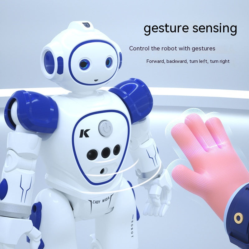 White and blue remote control RC robot with gesture sensing features, ideal for interactive play