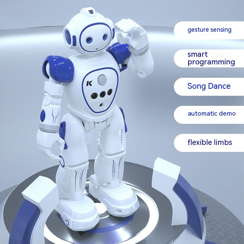 White and blue remote control RC robot with gesture sensing, flexible limbs, and smart programming features