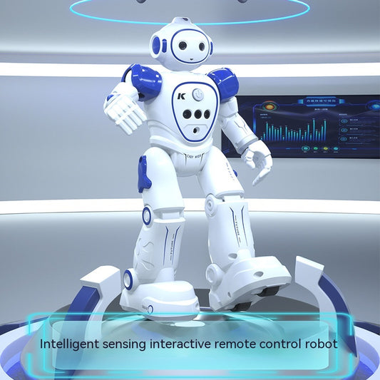 White and blue intelligent sensing remote control RC robot, standing view, designed for interactive play