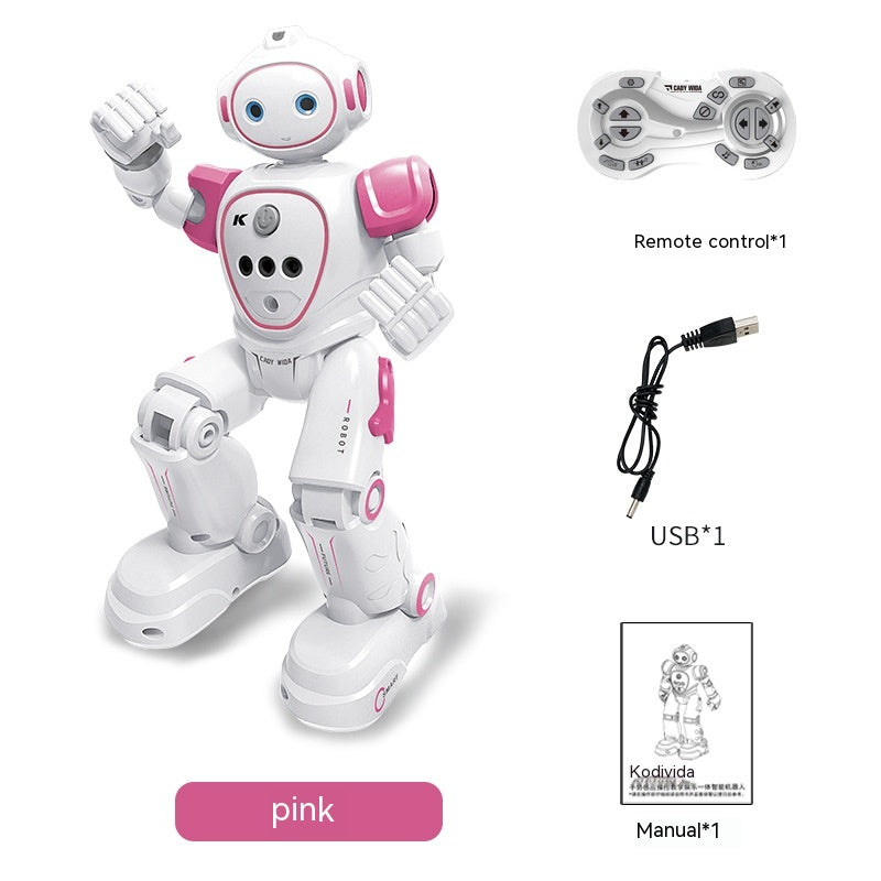 Pink remote control RC robot with movable joints, remote control, and USB charger for interactive play
