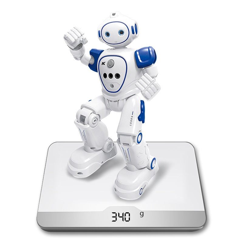 White and blue remote control RC robot, front view, designed for interactive play and learning.