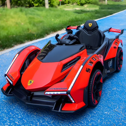 Red remote control sports car toy for children in Ahmedabad Gujarat India on blue pavement ride on toy