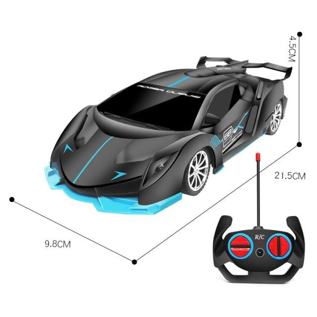 Black remote control toy car 4wd with blue accents, side view, designed for racing enthusiasts
