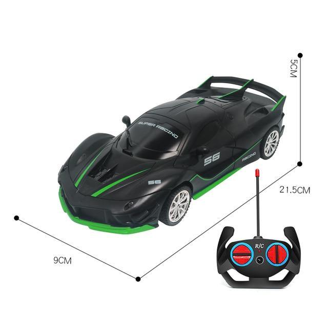 Black and green remote control toy car 4wd, top view, designed for racing fun and outdoor play