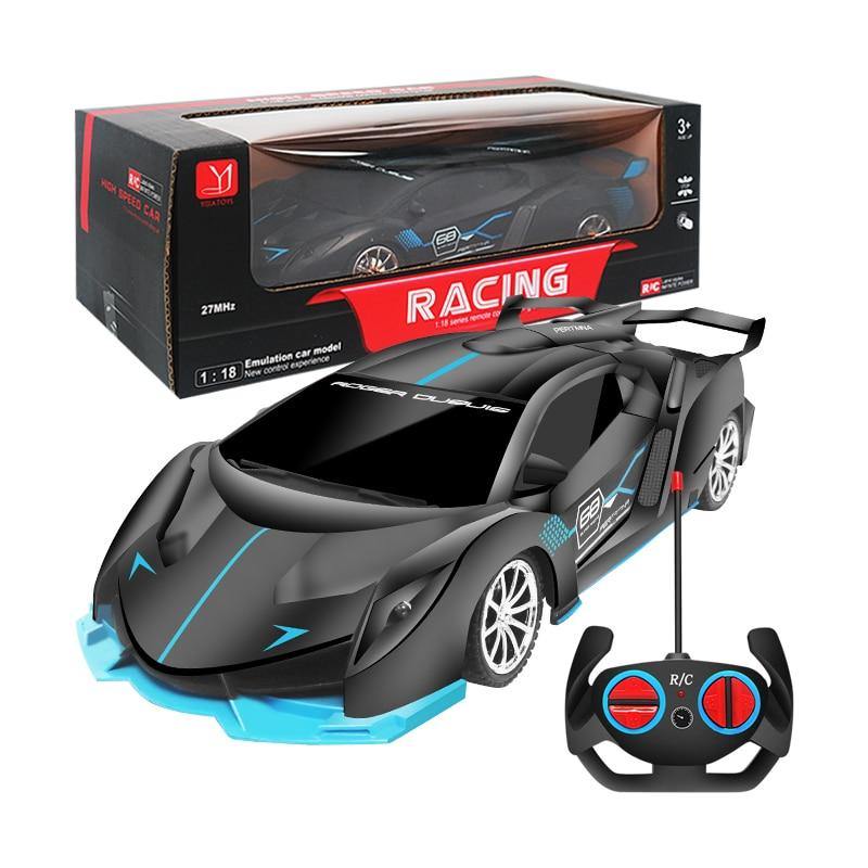 Black remote control toy car 4wd with blue accents and controller, front view, for kids aged 3 and up
