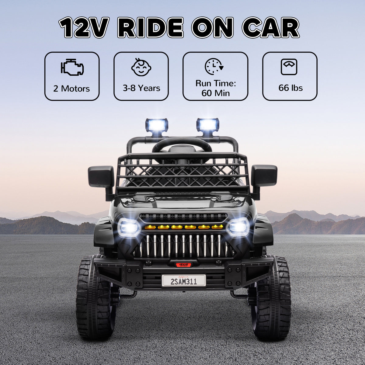 Black 12V ride on kids car, battery operated electric car for ages 3-8, from Sam's Toy World