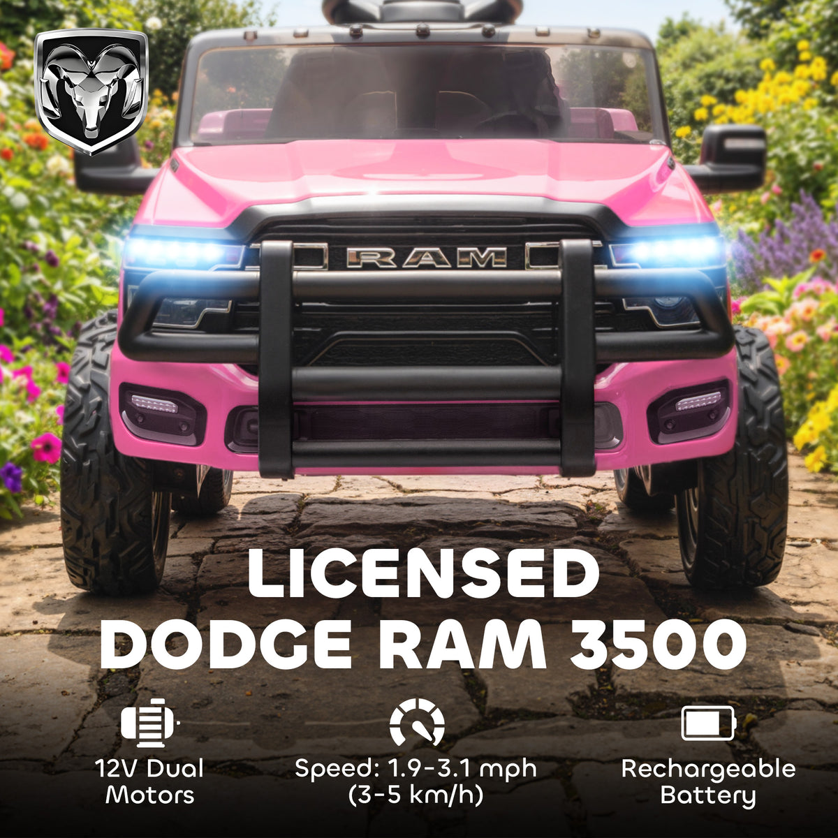 Licensed Dodge Ram 3500 Ride on kids car in pink with remote control for ages 3-8 from Sam's Toy World