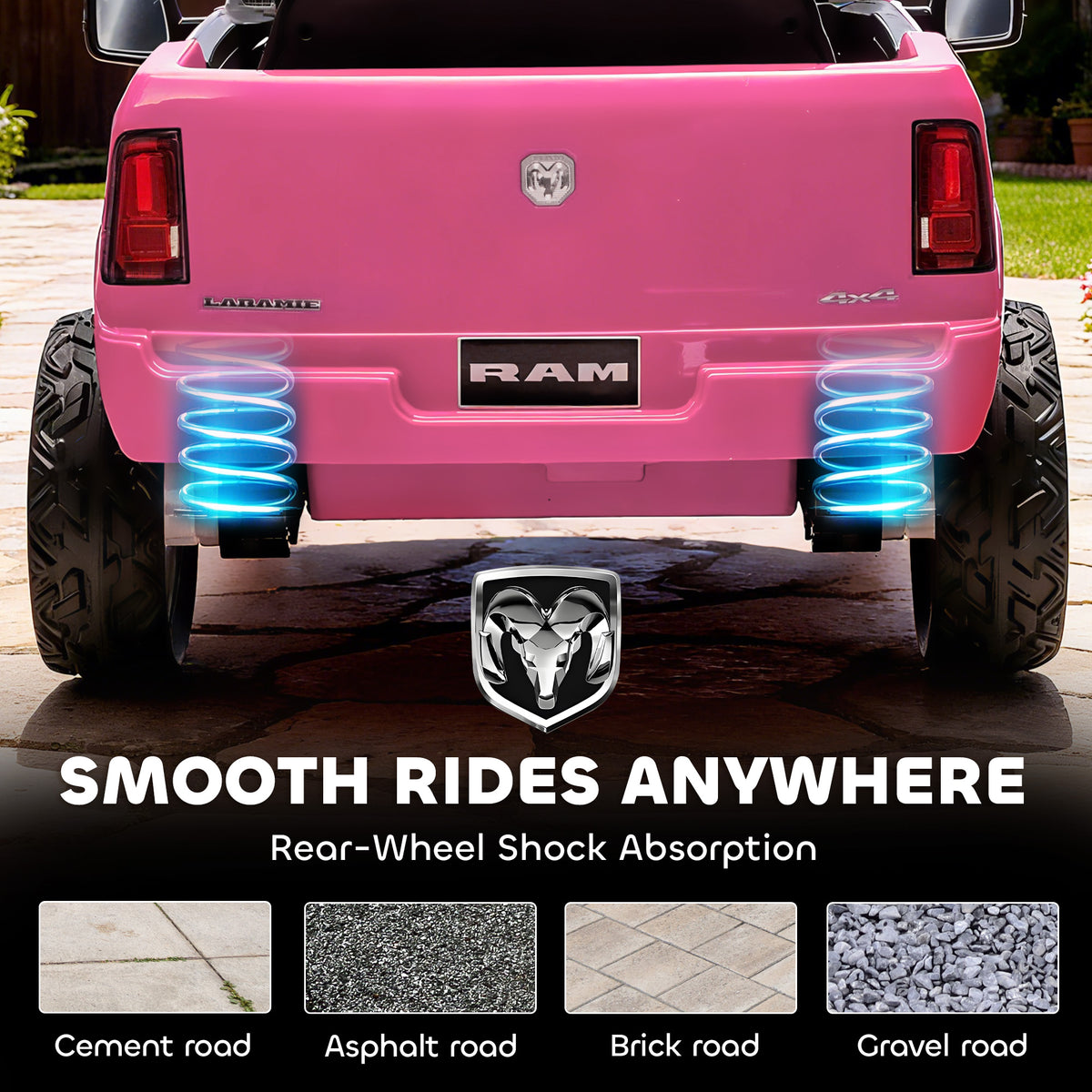 Pink RAM Ride on kids cars remote control of car battery car with rear-wheel shock absorption for ages 3-8 Sam's Toy World
