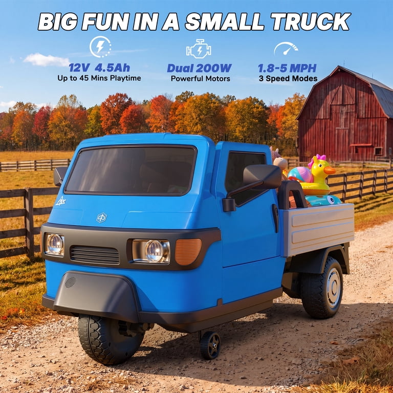 Ride on kids tempo blue electric truck for ages 2 to 6 from Sam's Toy World, 1.8-5 MPH speed, 12V battery