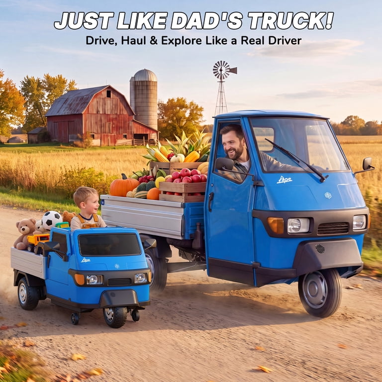 Ride on kids tempo electric auto in blue for ages 3-7 by Sam's Toy World, perfect for imaginative outdoor play