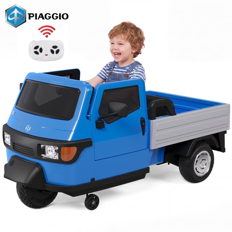 Blue Piaggio Ride on kids tempo with remote control for ages 3-8 from Sam's Toy World, perfect for fun adventures in Ahmedabad