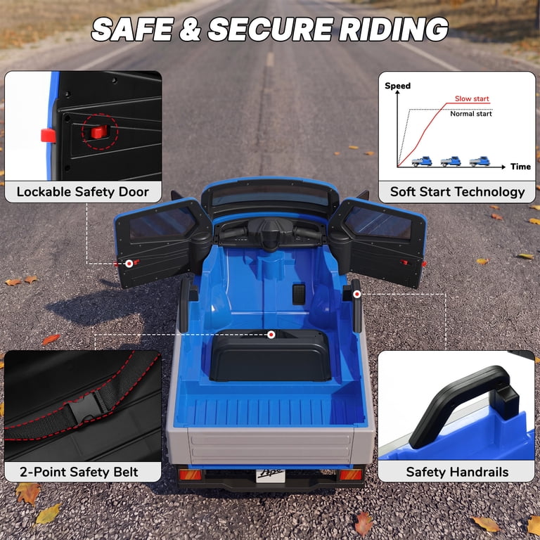 Ride on kids tempo electric auto in blue with safety features, for ages 3 and up, by Sam's Toy World