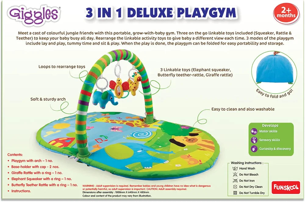 Buy Giggles Funskool 3in1 Deluxe Playgym, Animal Printed Soft & Comfy Activity Mat for Tummy Time, Fun & Development Toy for Babies samstoy.in Sams toy world shop in Ahmedabad Gujarat 