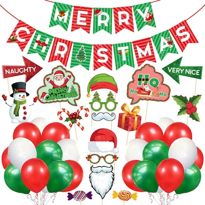 Buy Christmas Party Decorations Supplies, 42 Pcs Xmas Decorations Set - Including Banner, Photo Booth Props And Balloons (Set Of 42) Multicolour | sams toy world Sam's Toy World  Sams toy world shop in Ahmedabad Gujarat 