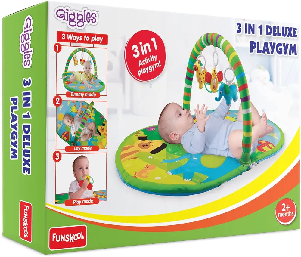 Buy Giggles Funskool 3in1 Deluxe Playgym, Animal Printed Soft & Comfy Activity Mat for Tummy Time, Fun & Development Toy for Babies samstoy.in Sams toy world shop in Ahmedabad Gujarat 