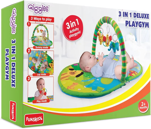 Buy Giggles Funskool 3in1 Deluxe Playgym, Animal Printed Soft & Comfy Activity Mat for Tummy Time, Fun & Development Toy for Babies samstoy.in Sams toy world shop in Ahmedabad Gujarat 
